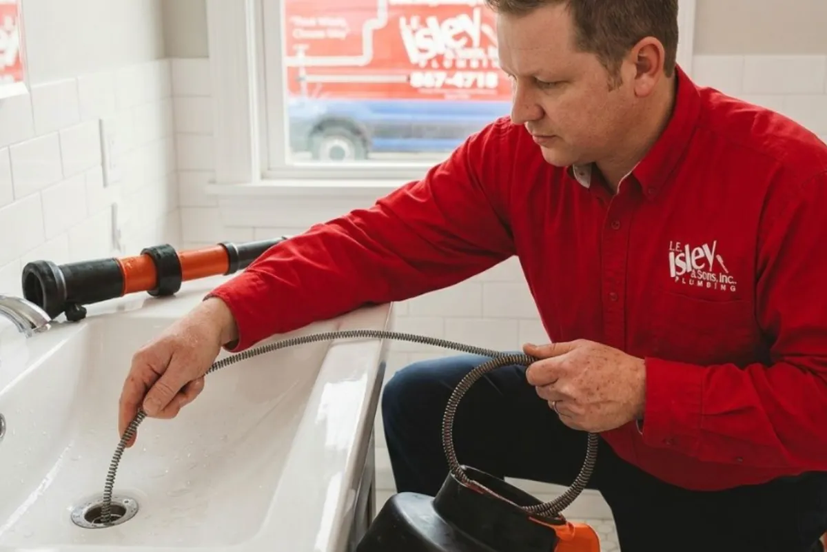 Isley Plumbing employee working on a clogged drain